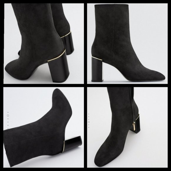 Zara Velvet Booties Gold Trimmed Block Heels - Picture 16 of 16